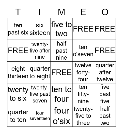What Time is It? Bingo Card
