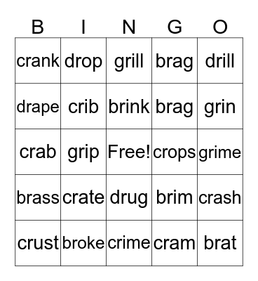 br-. cr-, dr- Bingo Card