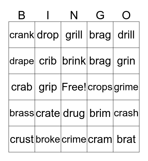 br-. cr-, dr- Bingo Card