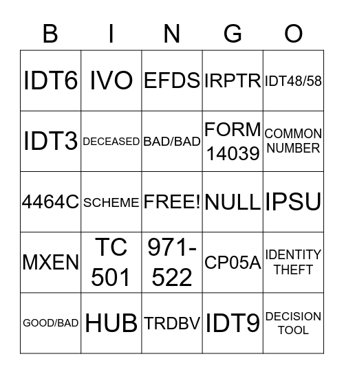 IDT Bingo Card