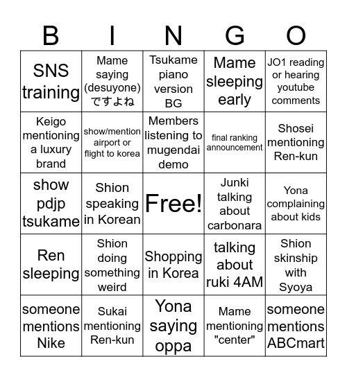 JO1 Variety Ep. 0 Bingo Card