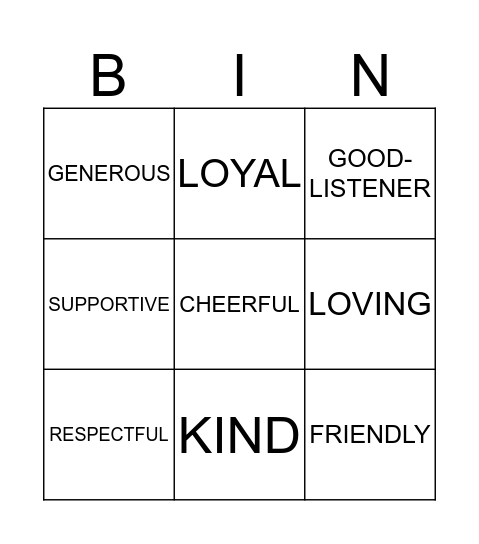 Positive qualitites Bingo Card