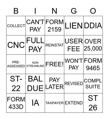 BALANCE DUE Bingo Card