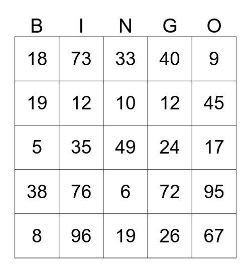 Numbers Bingo Card