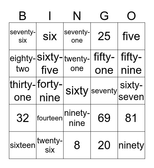 Number Word Bingo Card