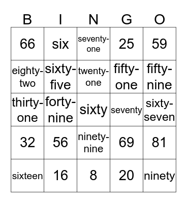 Number Word Bingo Card