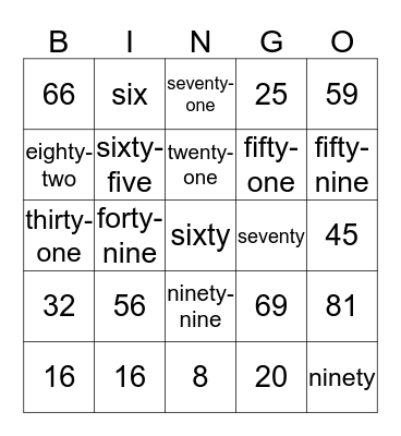 Number Word Bingo Card