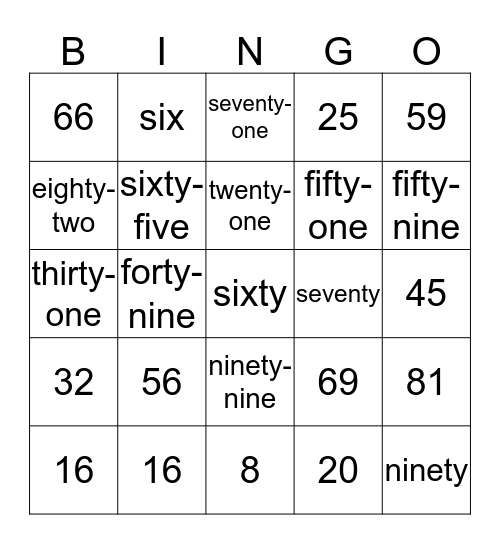 Number Word Bingo Card