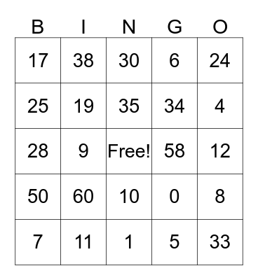 Spanish numbers Bingo Card