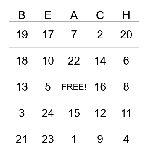 Beach Bingo Card