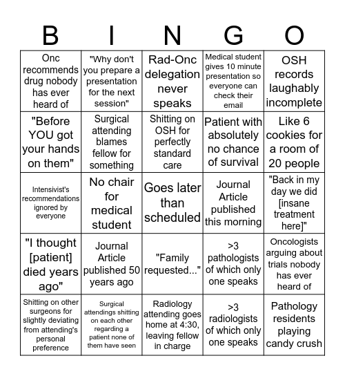 Tumor Board Bingo Card
