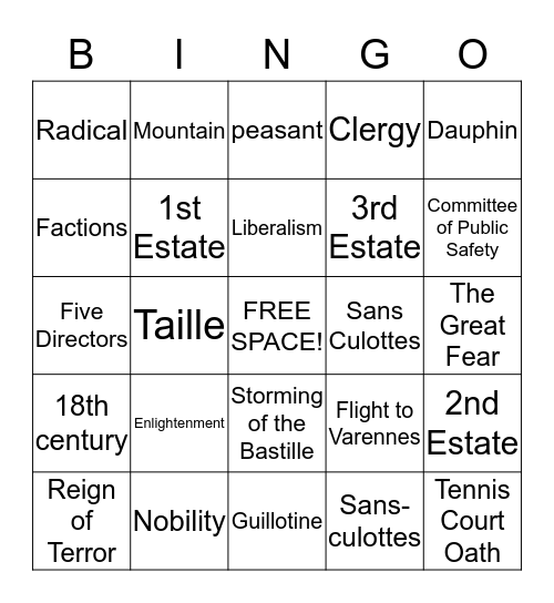 FRENCH REVOLUTION Bingo Card