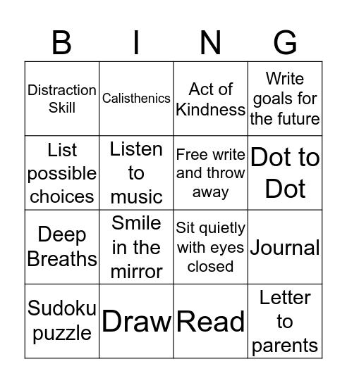 Coping Skills Bingo Card