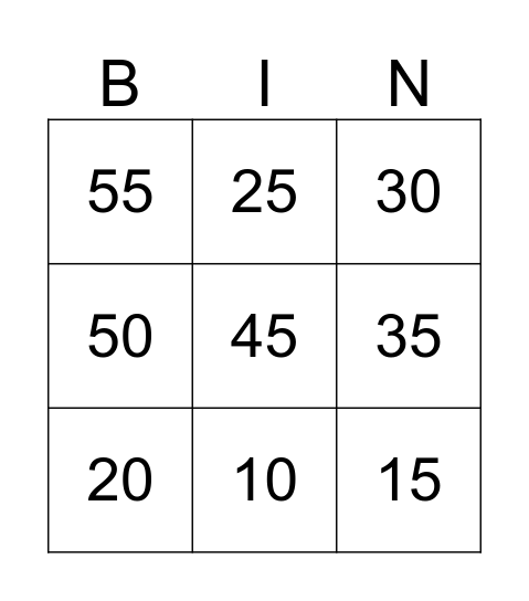 Counting by 5's Bingo Card