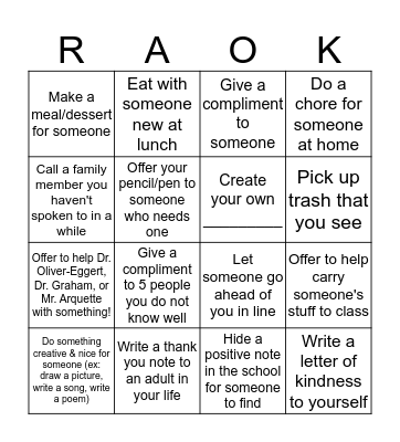 Randon Acts of Kindness Week Bingo Card