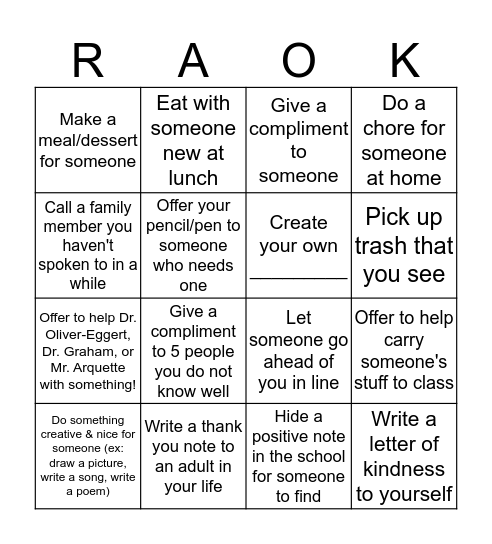 Randon Acts of Kindness Week Bingo Card