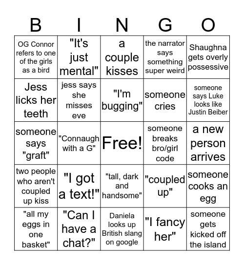 Love Island Bingo Card