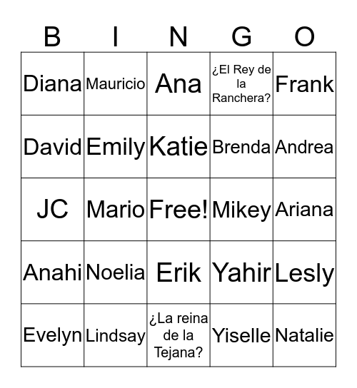 Musica Latina Bingo Card