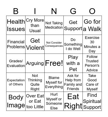 Coping Skills Bingo Card