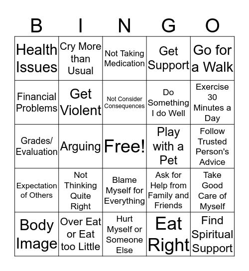 Coping Skills Bingo Card