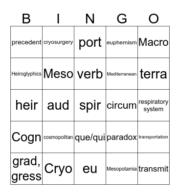 Greek/Latin Roots 21 Bingo Card