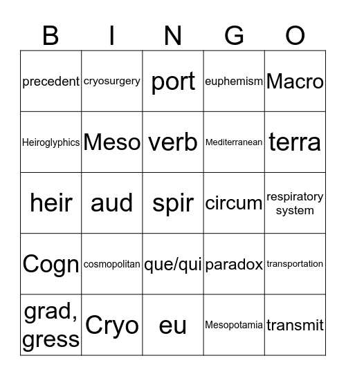 Greek/Latin Roots 21 Bingo Card