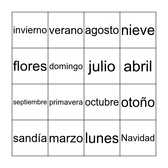 Meses y Temporadas Bingo Card