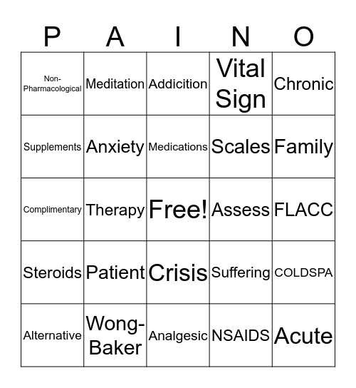 Pain Bingo Card