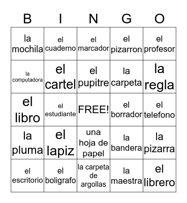 Los utiles escolares Bingo Card