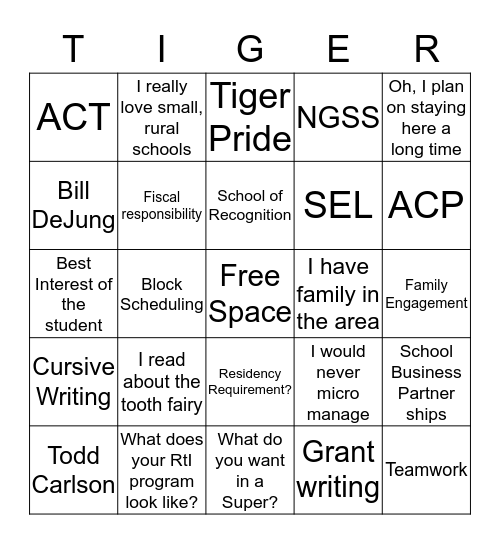 Superintendent Interview Bingo Card