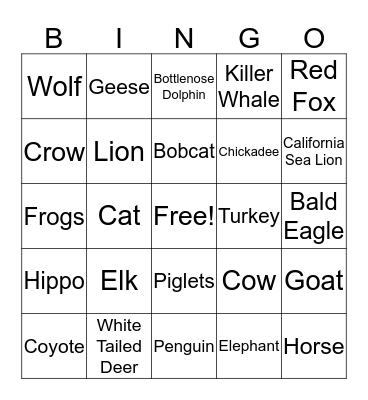 Animal Sound Bingo  Bingo Card