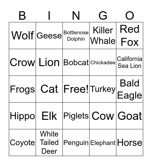 Animal Sound Bingo  Bingo Card