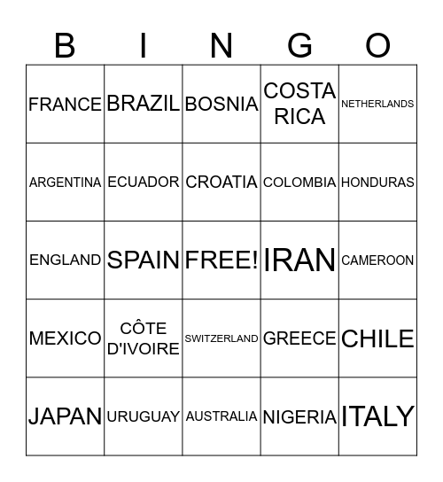 WORLD CUP 2014 Bingo Card