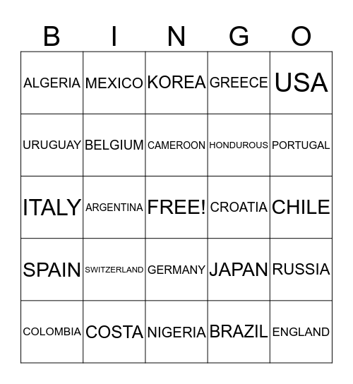 WORLD CUP 2014 Bingo Card