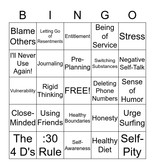 RELAPSE PREVENTION BINGO #1 Bingo Card