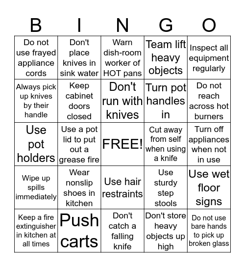 Kitchen Safety Bingo Card