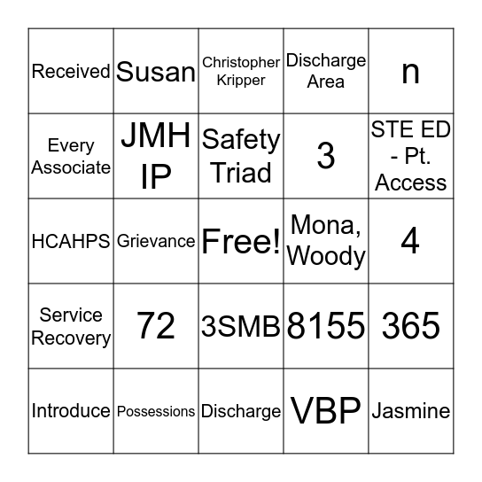Patient Experience Bingo Card