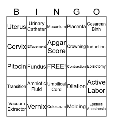 Prepared Childbirth Education Bingo Card