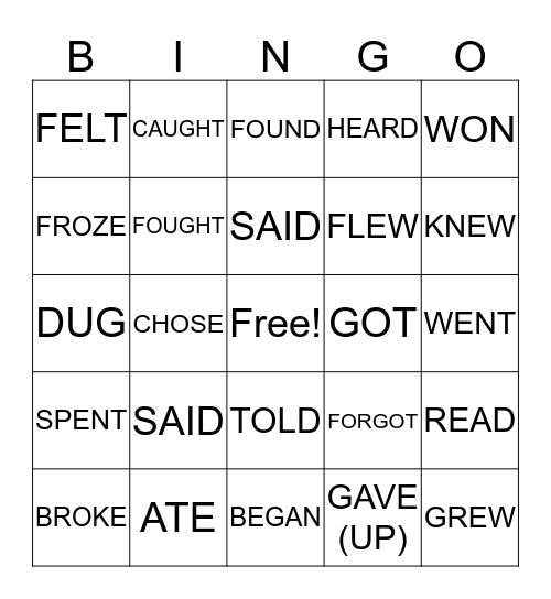Simple past irregular verbs Bingo Card