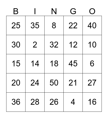 Multiplication Tables Bingo Card