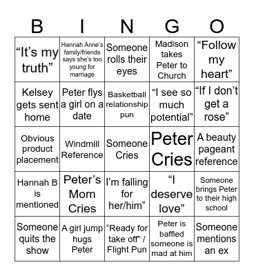Bachelor Bingo v2 Bingo Card
