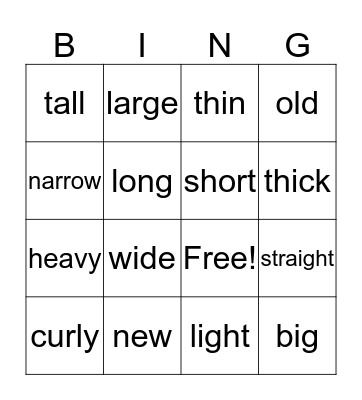 Adjectives Bingo Card