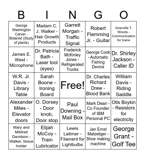 African American Inventors Bingo Card