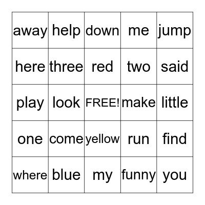 Dolch Preprimer Word List   set 2 Bingo Card