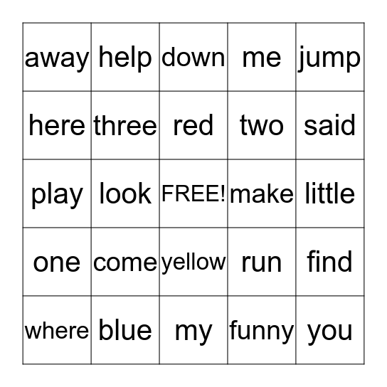 Dolch Preprimer Word List   set 2 Bingo Card
