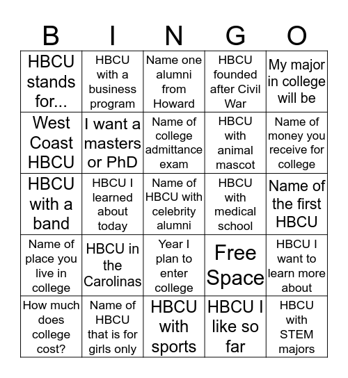 HBCU Bingo Card