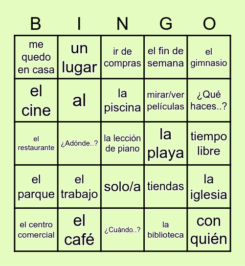 Español 1, Unidad 6 Tiempo Libre Bingo Card