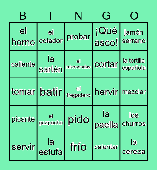 Español 3, Unidad 6 Comida, cocina Bingo Card