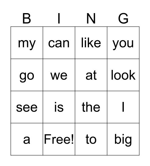 Sight words Bingo Card