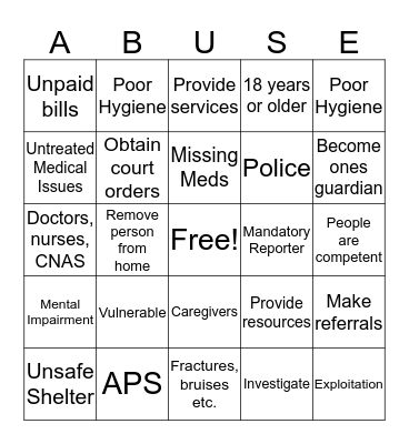 Abuse and Neglect Bingo Card